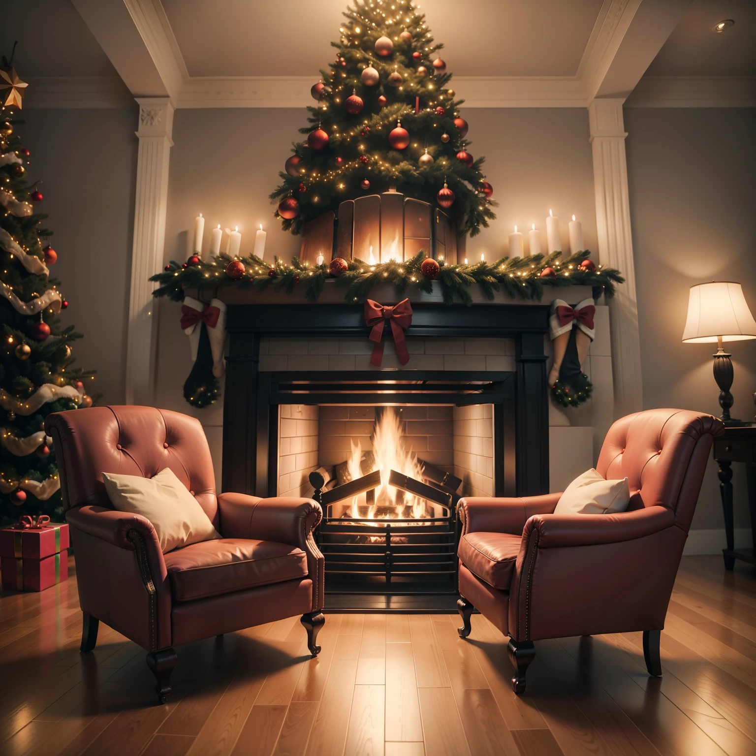 Front View Full Christmas Tree, Armchairs and fireplace, realphoto, hyper realistic rendering, lifelike rendering, in 8K, --v6