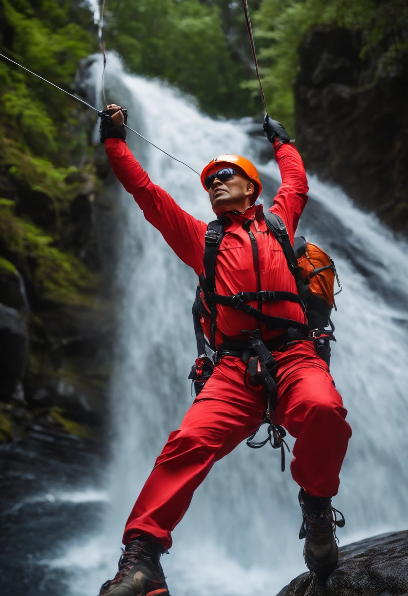 Image of a Japanese bald man in sunglasses, red helmet for a story in a YouTube video in Pixar format, He's rappelling down the waterfall , He's the class leader, He's outgoing, frisky, equipamentos de resgate petzl