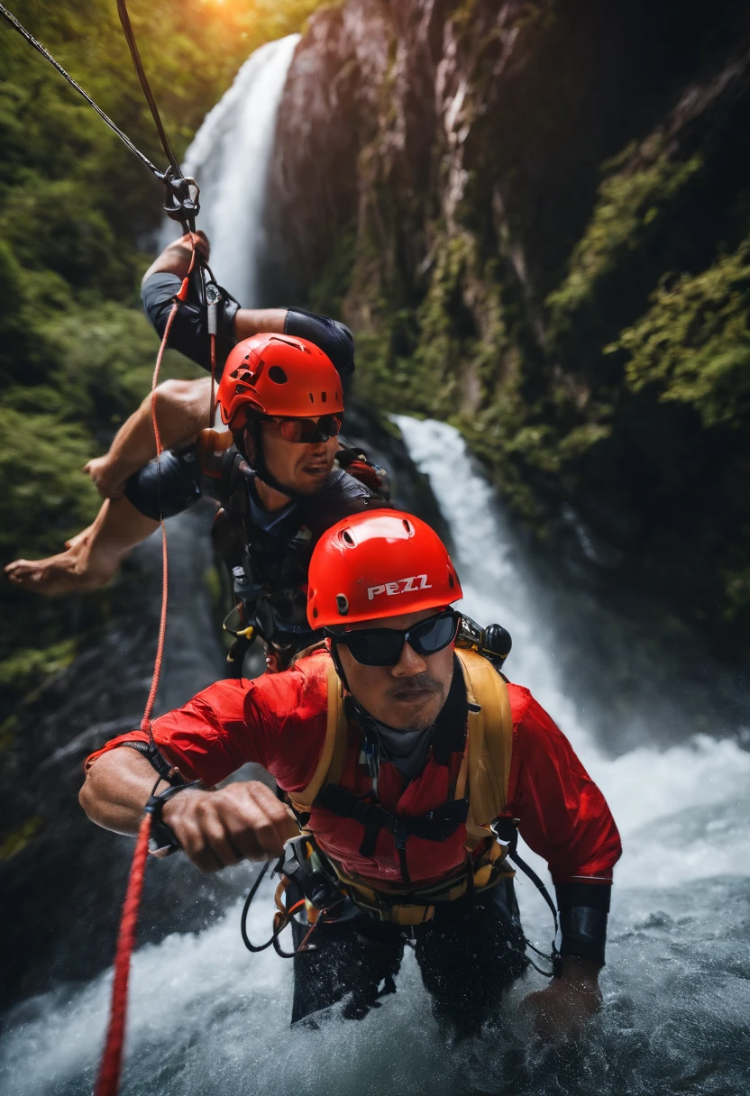 Image of a Japanese bald man in sunglasses, red helmet for a story in a YouTube video in Pixar format, He's rappelling down the waterfall , He's the class leader, He's outgoing, frisky, equipamentos de resgate petzl