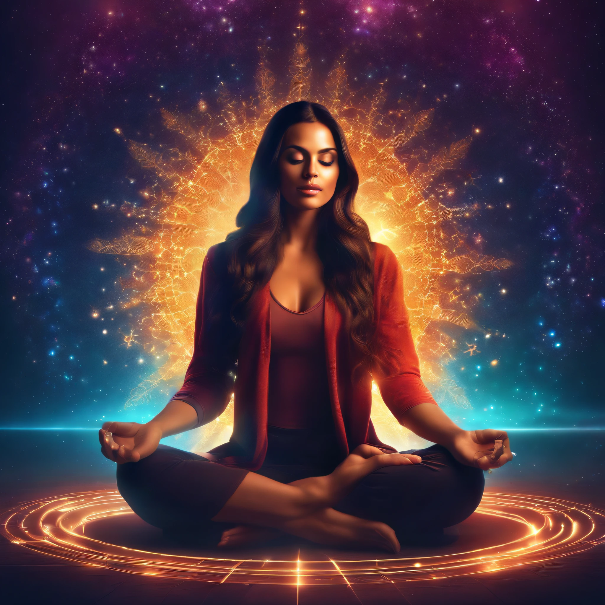a pregirl,Meditate cross-legged, at centre,Very bright colors, Light particles, with light glowing, Mshiv, wallpaper art, UHD wallpaper