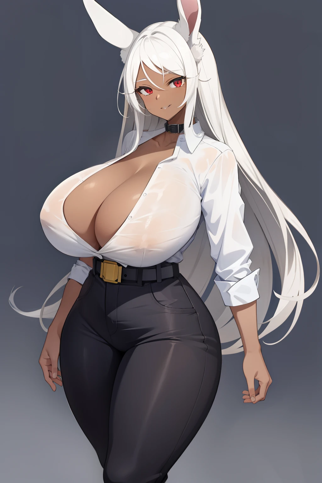 mirko mha, 1girl,solo,dark-skinned female, dark skin, large breasts, white shirt, belt , collarbone, collared shirt, formal, shirt tucked in, black pant,looking at viewer, white background, rabbit ears, rabbit girl, white hair, long hair, muscular female, red eyes, smile, happy,  wide hips, thick thighs, huge ass, enormous huge natural breasts, cleavage, mature mom,