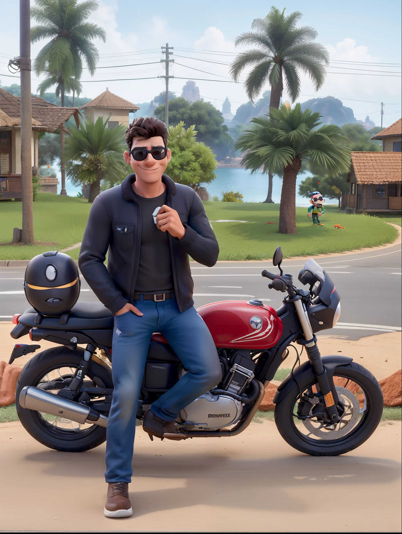 Um homem, duas pernas, sun glasses, celular, capacete preto, moto vermelha, estilo Disney Pixar, alta qualidade, melhor qualidade.