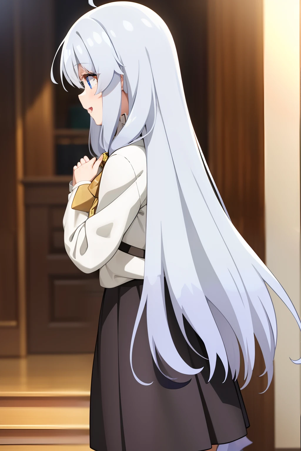 elaina,elaina\(long_sleeved_shirt\),elaina\(skirt\), (masterpiece:1.6, best quality), shiny hair, long hair, shiny , happy,indoors,depth of field,