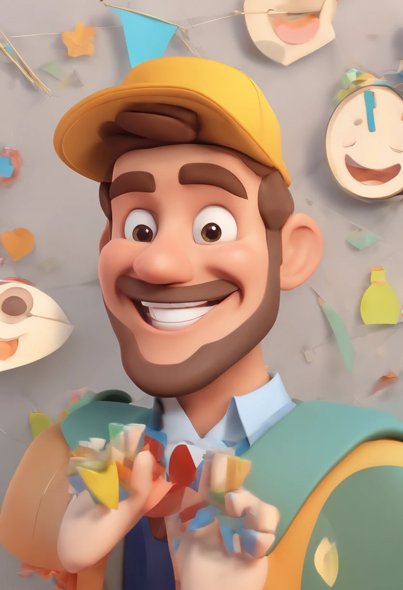 Smiling Man Illustration, sorriso insano, Homem de pele marrom com um sorriso gigante, happily smiling at the camera, sorriso atrevido, he's smiling, sorriso muito grande, Macho sorridente, foto de perfil headshot, rindo sorriso enorme, desenhando no estilo de Arte 3D, c4d, fundo de cor branco puro, estilo disney, estilo pixar render ilustracao Super Detalhe, 8k