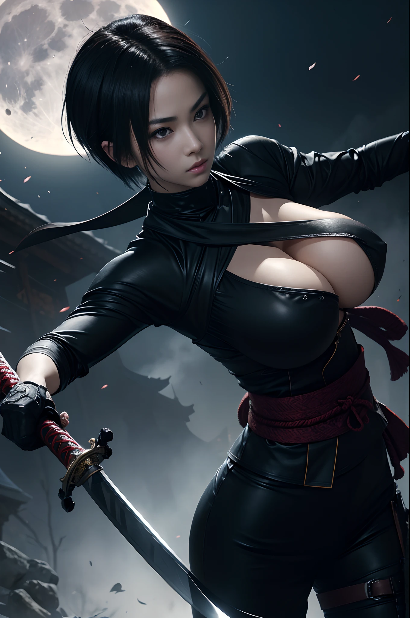 8K,Close-up portrait of a person holding a sword in front of the full moon、A very beautiful cyberpunk female ninja、Short Bob Hair、holding a katana、holding a katana、Inspired by Yoshigai Kano、woman samurai、Knives、large sword、demon samurai、from arknights、Ghost Beast Waiter、She with a sword、kunoichi、Dramatic Katana Wielding Pose、(large full breasts:1.4)