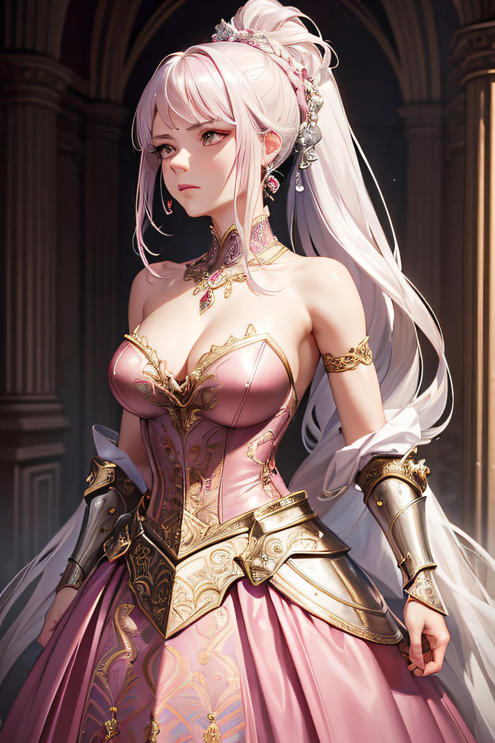 Woman, serious, warrior, armour, elegant, pink dress, aristocratic, silver elements, long nails, bare shoulders, hairstyle, hair up, braid and ponytail, messy, arrogant, absurd, detailed dress, royalty, celebration, hall decorated with flowers, cowboy shot, portrait, (best quality), (masterpiece), (highly detailed), (4k)