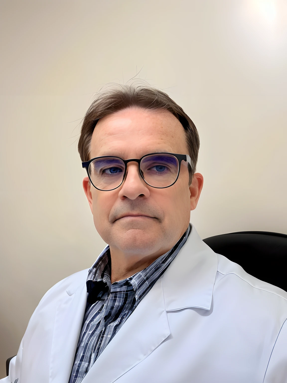 Criar imagem pixar Disney de um homem branco de 44 anos, olhos e cabelos castanhos, sobrancelhas grossas, round glasses, de jaleco branco em ambiente hospitalar