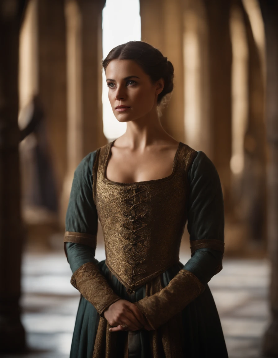 cinematic portrayal, ((parte superior do corpo)), facing the audience, (realidade :1.3), A foto de arte mais bonita do mundo, a woman looking into the camera, Vestido de corte medieval europeu, gorgeous, gaze macia, rosto bonito detalhado, Action Shooting, (intrincado :1.4), fundo medieval da corte, foto realista, CG, Art Station