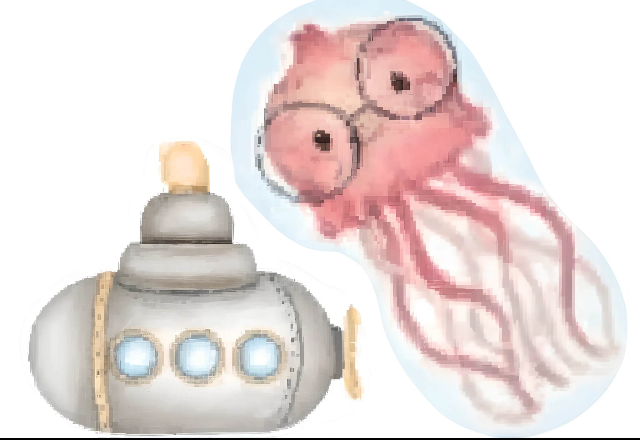 There are two cartoon images of a submarine and a jellyfish, Lulas, fish squid and jellyfish, Astronaut of the Squid of Venus, polvo ciborgue, Squid-like aliens, Lula, Criaturas do Mar Profundo, cephalopod, submarino, submarino steampunk!, squid phoenix jellyfish, jellyfish wearing glasses, mixture of tentacle creatures, [ Bolhas, alien squid, Teths and tentacles