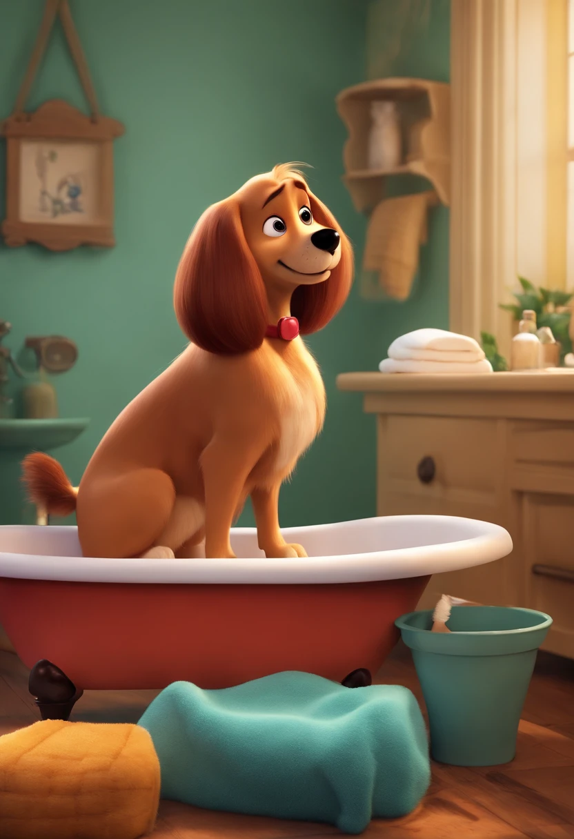 Make a slim woman with long hair working in a bath and grooming , como Disney Cartoon, She's cutting the fur of a cute Pixar dog, ......3d, Disney, cartaz da pixar