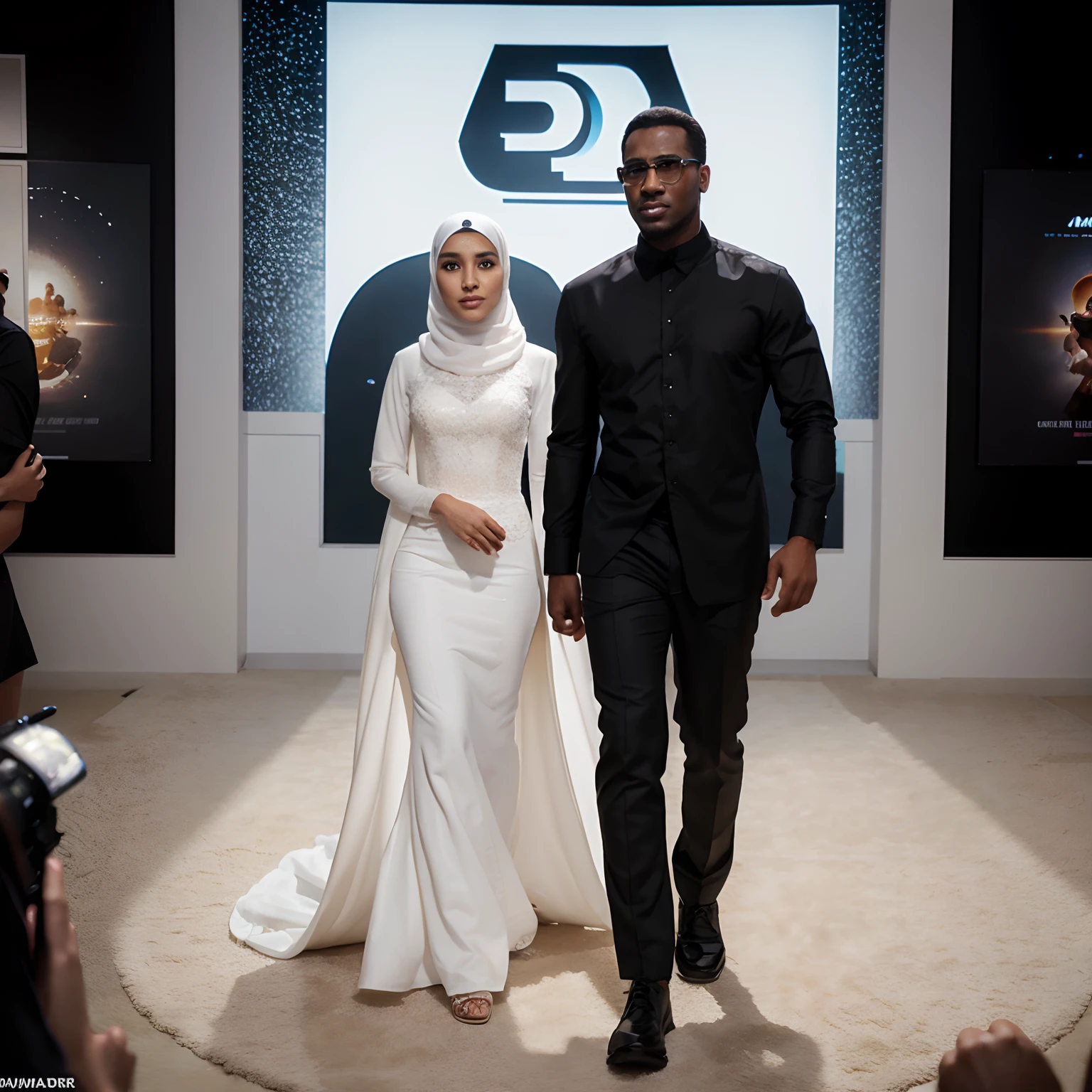 Disney-pixar poster, Ammar and Syuhadah" as a title for the poster. Black spectacle men full body standing handsomely next to women with white hijab and white gown looking each other, 3d animation