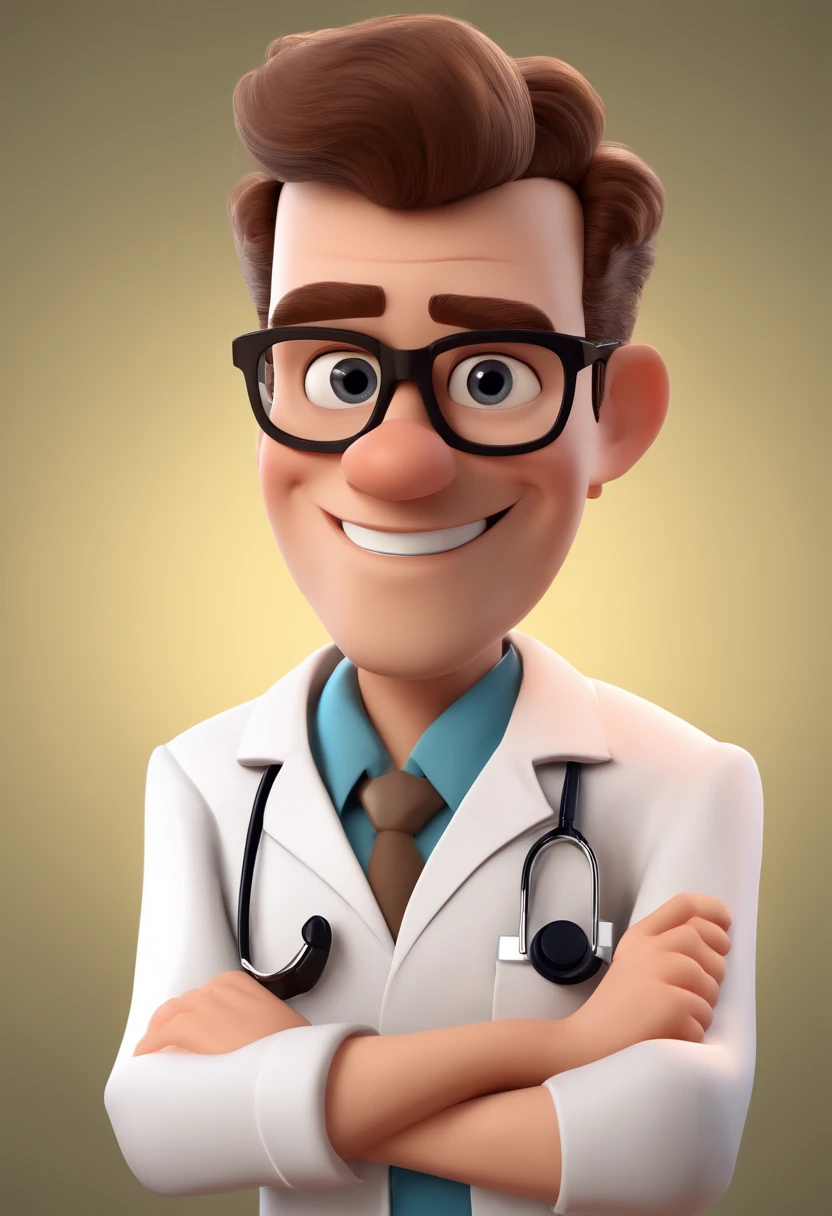 Cartoon character of a man wearing a doctor's lab coat, um personagem animado, Caractere estilizado, animation style rendering, 3D estilizado, Arnold Maya render, 3 d render stylized, toon render keyshot, Personagem 3D, Personagem 3D, 3d rendering stylized, 3 d character render, personagem de desenho animado, Personagem de close up, Pose de personagem, (Estilo Pixar) (master part:1.2) (Bokeh) (best quality) (pele detalhada) (textura detalhada) (8k) (argila) (Cinematic lighting) (foco nítido,Senta e vaza a parte superior do corpo