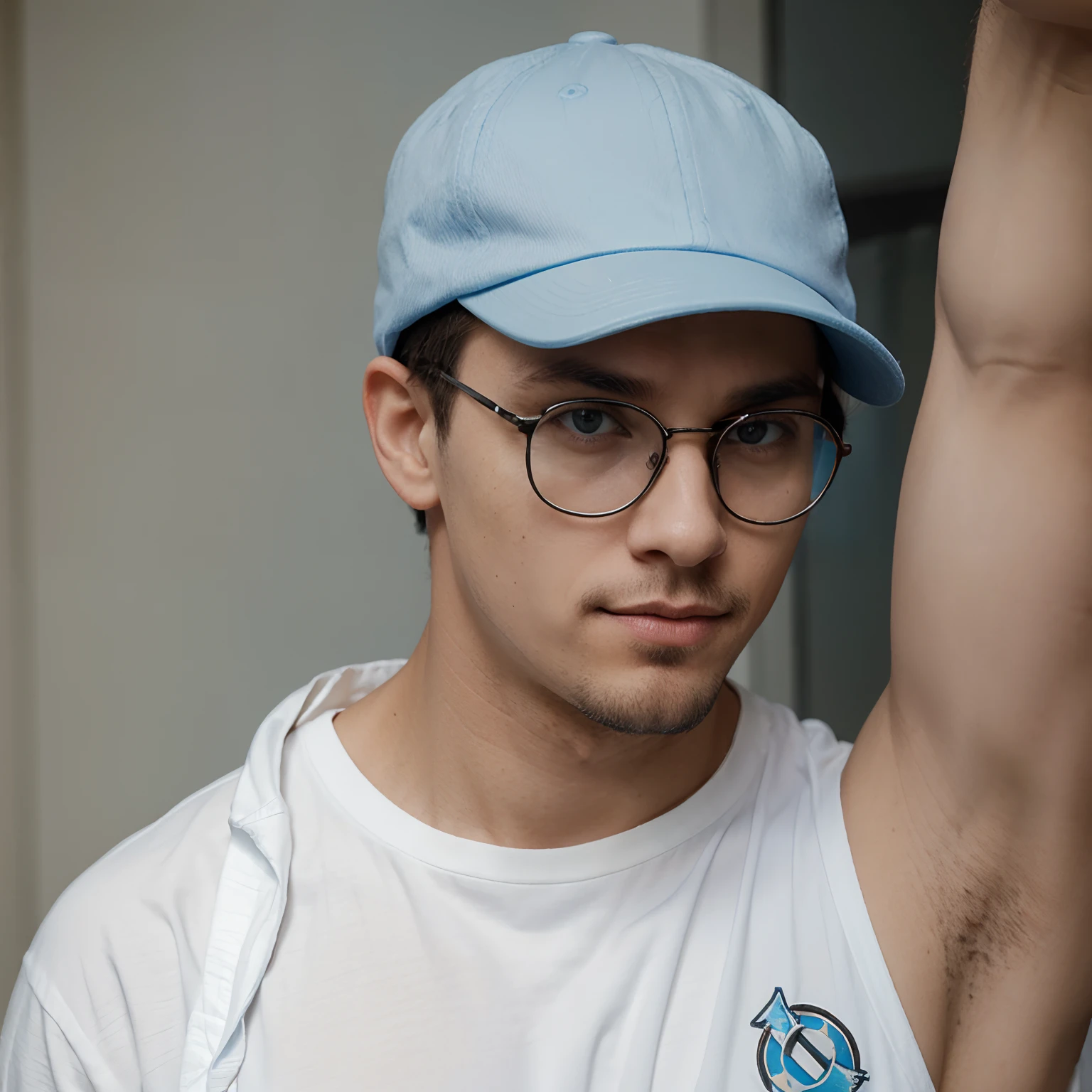 Young white shirt with vaccine symbol, Light blue cap, glasses, a little anaconda, a goatee,