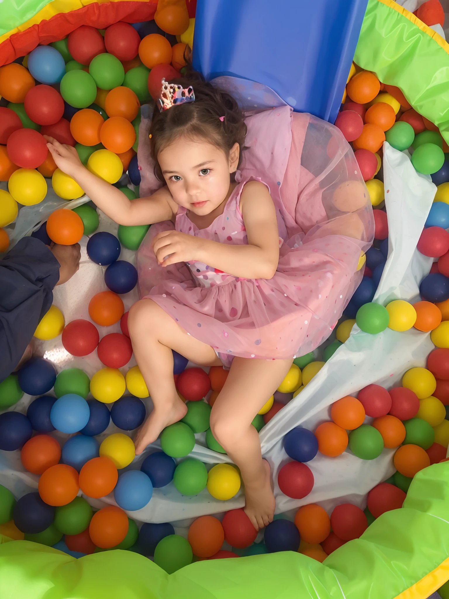 fofo, adolable, Girl lying in dress in ball pit and a small crown on her head around colorful polka dots