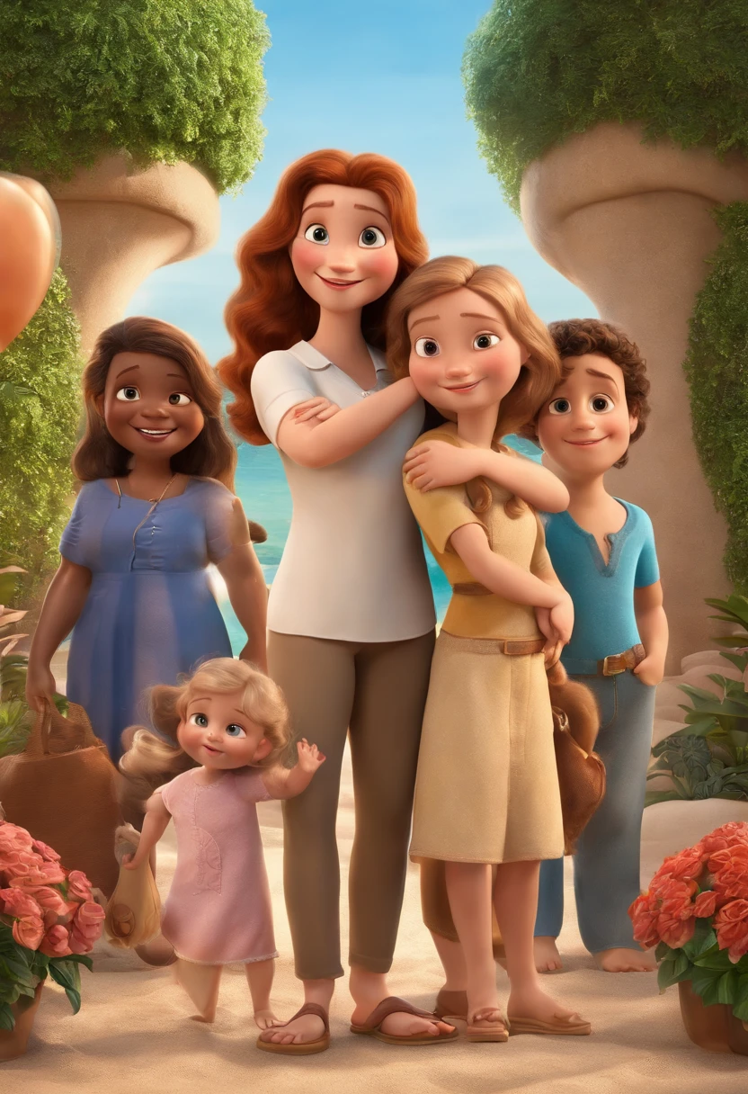 a Disney Pixar movie poster showing a white-skinned family. The father is the tallest, a little darker, Tem barba curta e cavanhaque, preto, cabelos curtos e espinhosos. Mom has light brown eyes and hair with blonde streaks, shoulder-length and is slightly overweight. The girl is white, she is 5 years old and has light brown hair, cacheado soltos e longos, roupa rosa. The background is a beach garden. 3D-rendering