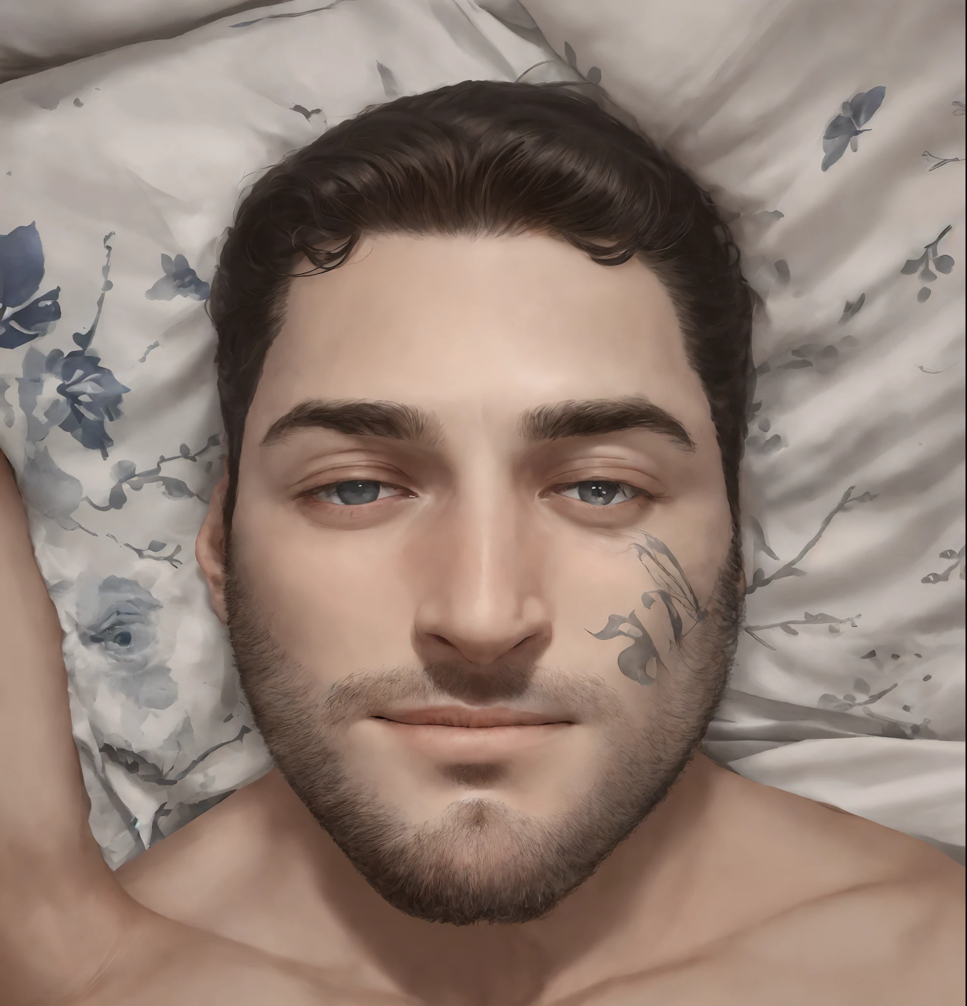 homem arafed deitado na cama com um travesseiro e um travesseiro, Olhos do quarto, tiro de rosto centralizado, tired face, chilled out smirk on face, imagem do rosto, 2 3 anos, 2 4 anos, face showing, not smiling, chest and face, face reta, 2 7 anos, 2 2 anos, 2 8 anos, rosto suado
