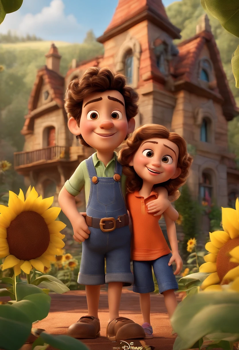 Create a Disney PIXAR-style 3D poster. ((centro da imagem)), ((2 children)) ((1 menino e 1 meninas ao lado, They're hugging each other, O menino tem pele castanha, careca e tem barba grande e tem olhos castanhos escuros, A menina tem pele clara, olhos escuros cabelos loiros e ondulado)) ((tudo isso no estilo Disney PIXAR 3D, In the background, A house of sunflowers, Gloria Studio, The garden is full of nature 3D render RTX clay material, estilo de design cartunesco, POP Mart, soft lighting, linhas suaves, Spring tilt, Detailed illustrations of PIXAR 3D, Detalhes hiper-realistas, cor quente no estilo Disney PIXAR 3D))