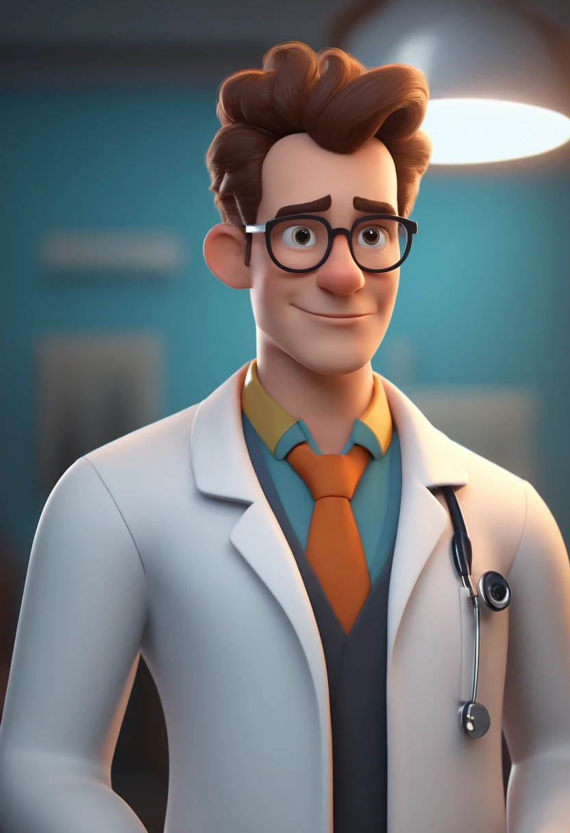 Cartoon character of a man with almost shaved hair wearing a doctor's lab coat, um personagem animado, Caractere estilizado, animation style rendering, 3D estilizado, Arnold Maya render, 3 d render stylized, toon render keyshot, Personagem 3D, Personagem 3D, 3d rendering stylized, 3 d character render, personagem de desenho animado, Personagem de close up, Pose de personagem, (Estilo Pixar) (master part:1.2) (Bokeh) (melhor qualidade) (pele detalhada) (textura detalhada) (8k) (argila) (Cinematic lighting) (foco nítido，Senta e vaza a parte superior do corpo