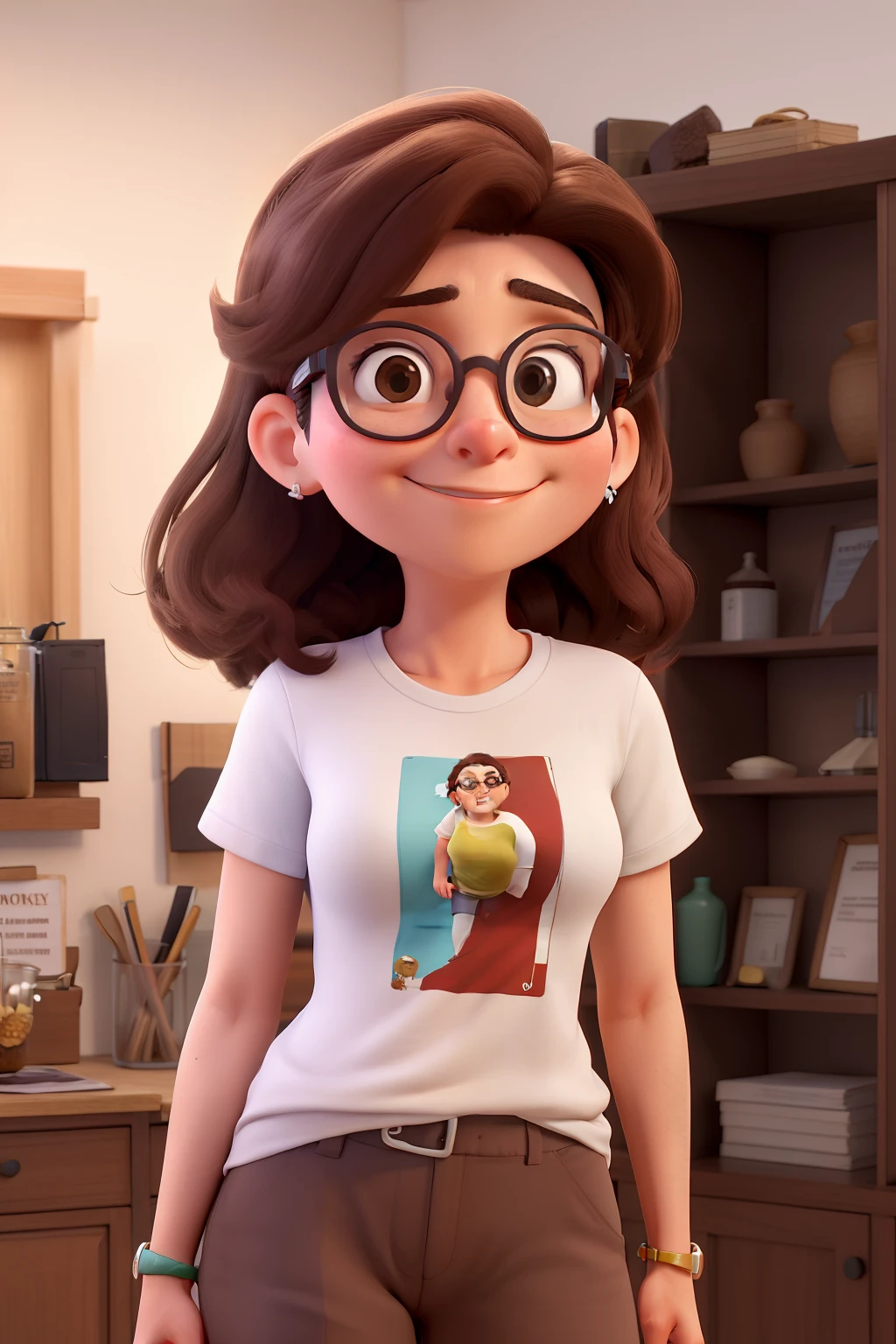 Obra-prima, de melhor qualidade, uma mulher de 30 anos , Glasses of large rectangular lilac and brown, vestindo uma camisete off Whith sentada em uma poltrona cinza claro,  With his arms resting on a white round mess, In the background, a display case with several glasses