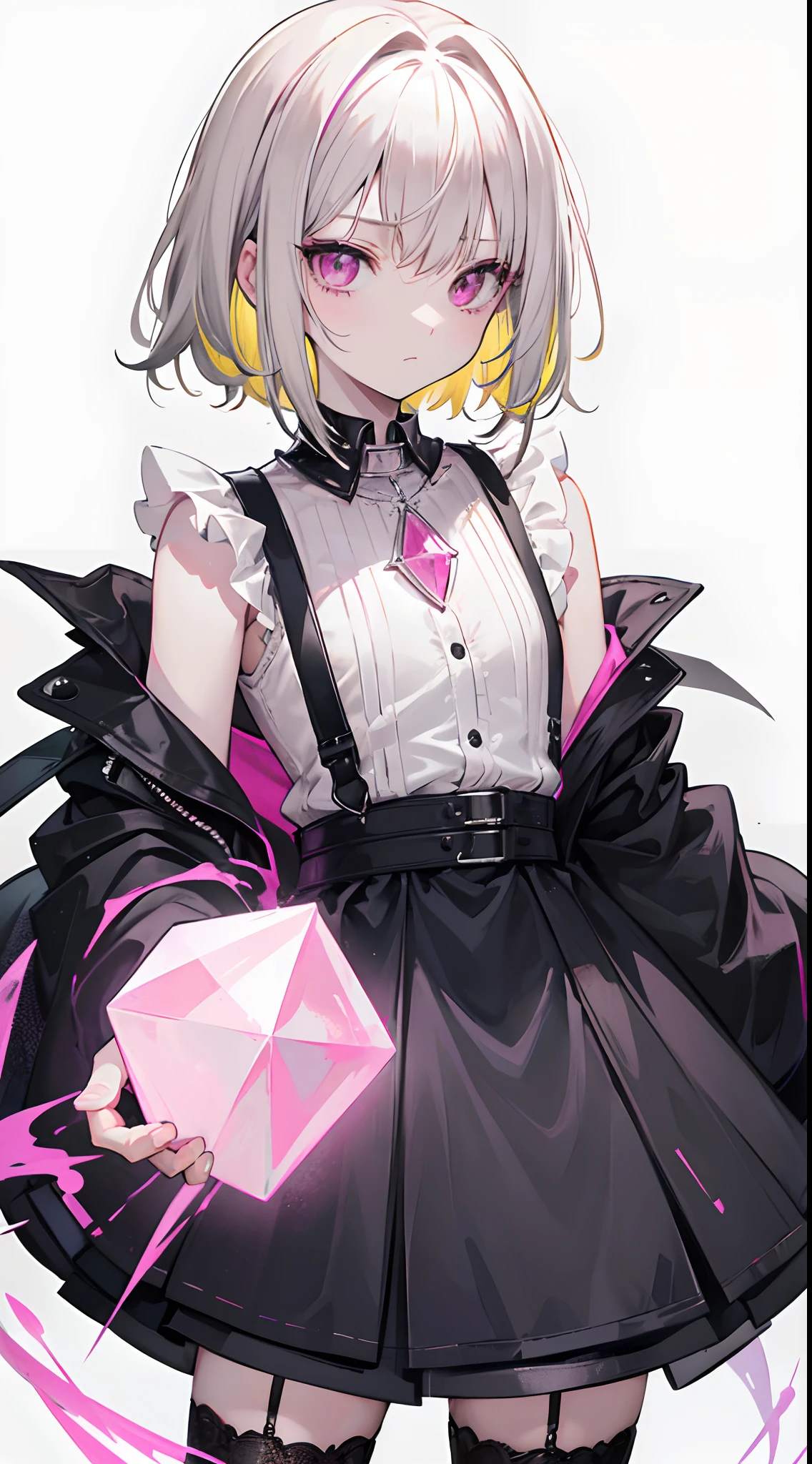 Short gray-yellow hair,Dull pink eyes,A pink crystal pendant is worn around his neck,From time to time, there are dull hairs on the top of the head,I usually like to wear a black short-sleeved shirt,black short skirt,Wears a small black eye,Fantastical colors,chiquita,black lence stockings