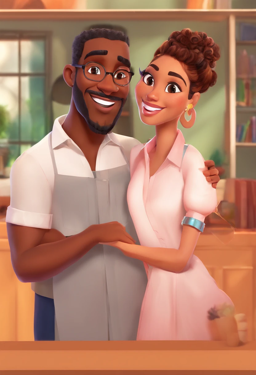 An illustration of an adorable couple, Highlighting a black man with glasses and a beard and a black woman with curly hair tied up, with beautiful expressive eyes – the man's skin is black and the man's hair is small, crespo e preto, while the woman's skin is black and the woman's hair is curly and black. Woman is making the I love you sign in pounds. They are a bright room, cada um com um sorriso no rosto, e compartilhar um momento especial caracterizado pelo amor, Insights. Illustrate this scene from a perspective where they are facing the camera, Smiling and Showing Your Connection. Desenvolva esta arte em Full HD, Focus on your cinematic touch, Estilo Disney Pixar Animations