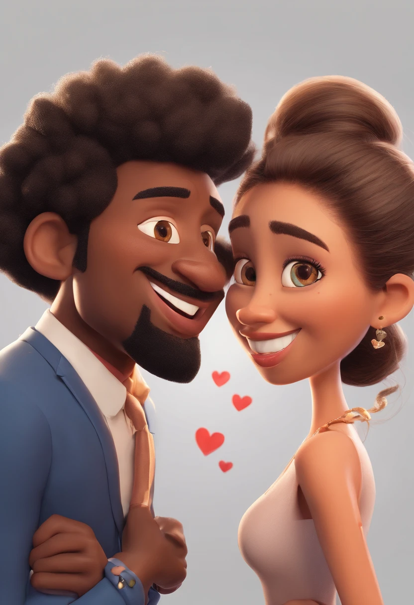 An illustration of an adorable couple, Highlighting a black man with glasses and a beard and a black woman with curly hair tied up, with beautiful expressive eyes – the man's skin is black and the man's hair is small, crespo e preto, while the woman's skin is black and the woman's hair is curly and black. Woman is making the I love you sign in pounds. They are a bright room, cada um com um sorriso no rosto, e compartilhar um momento especial caracterizado pelo amor, Insights. Illustrate this scene from a perspective where they are facing the camera, Smiling and Showing Your Connection. Desenvolva esta arte em Full HD, Focus on your cinematic touch, Estilo Disney Pixar Animations