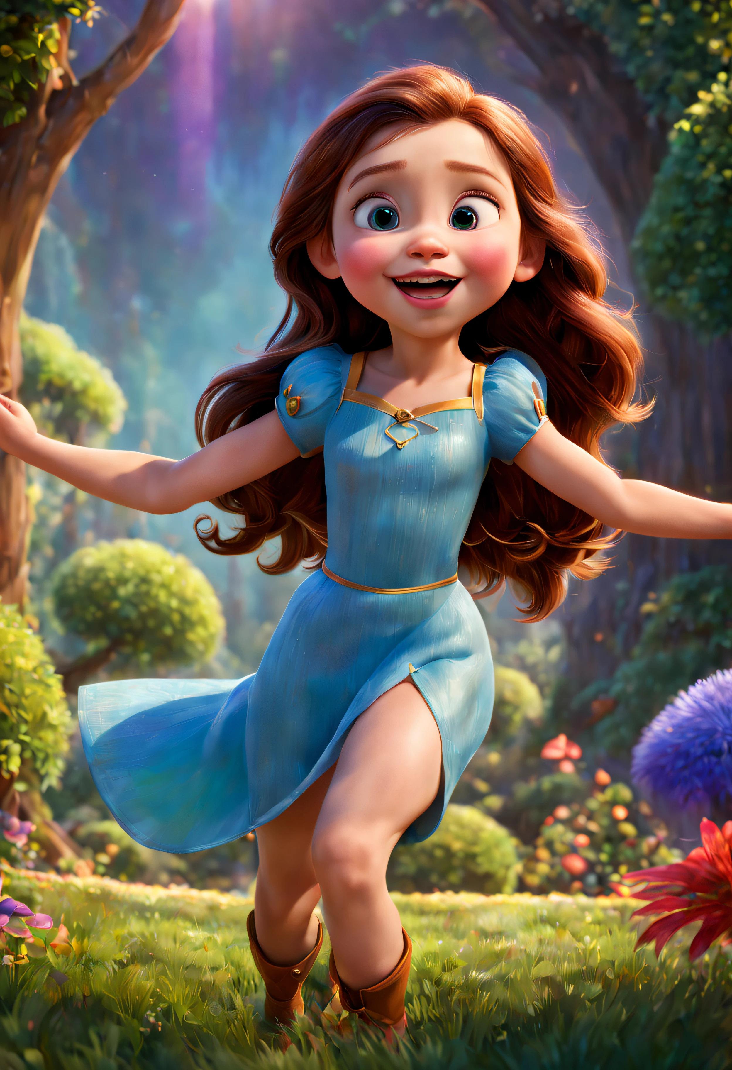 (highres,4k,ultra-detailed), Pixar Disney poster, girl, vibrant colors, photorealistic, detailed eyes, beautiful lips, joyful expression, flowing hair, whimsical background, vibrant lighting, playful pose