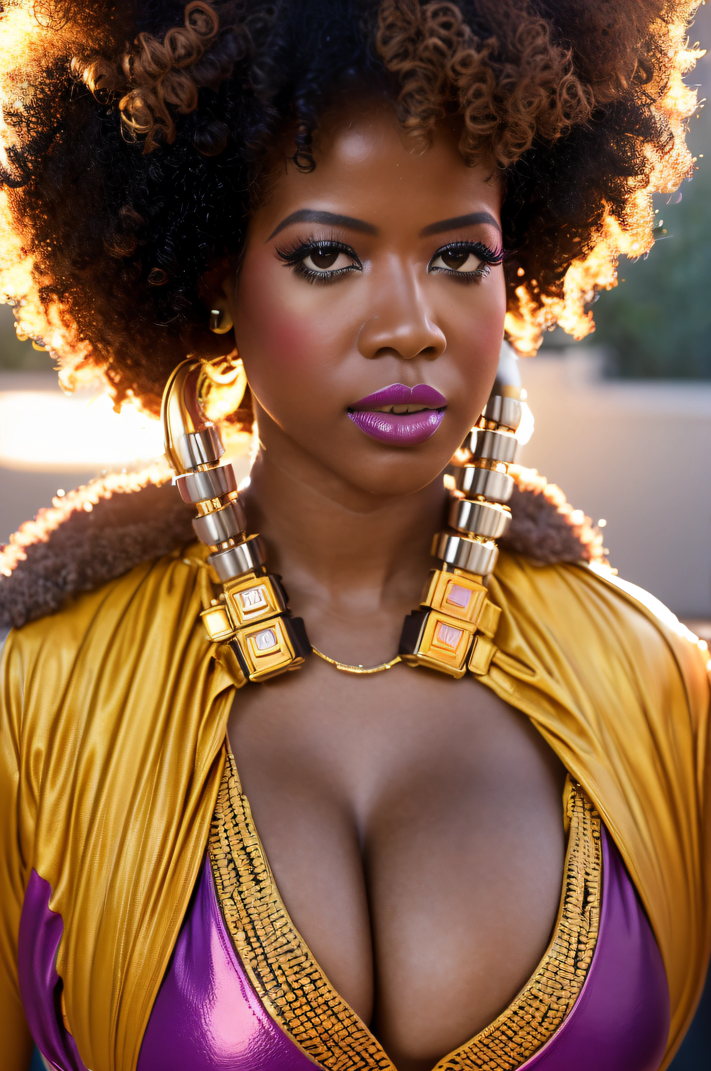 ultra realistic photography of Kelis (afro, lipstick) in a futuristic outfit, cleavage, Afrofuturism, fashion, complementing colors, by Michael Malm, best quality, 8k, 85mm