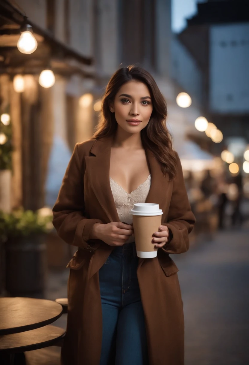 ( fotografia de alta qualidade) Indonesia women, flowing brown jacket, blue jeans, cabelos pretos, Outdoor Coffee Stand, Noite, lamps, desfoque de profundidade, Bokeh, 300 dpi, Atmosfera encantadora, fotografia, 8k, dynamic action,