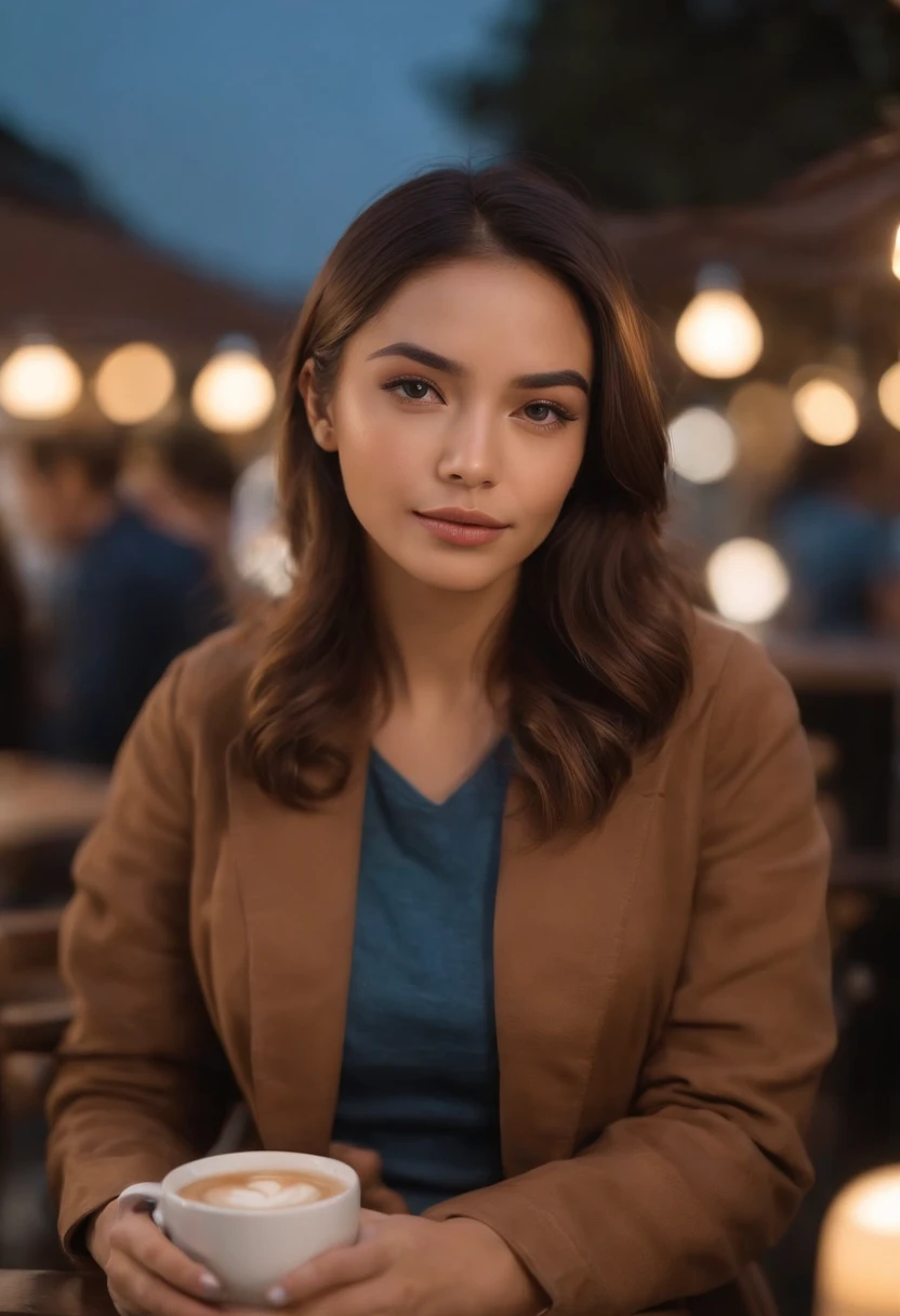 ( fotografia de alta qualidade) Indonesia women, flowing brown jacket, blue jeans, cabelos pretos, Outdoor Coffee Stand, Noite, lamps, desfoque de profundidade, Bokeh, 300 dpi, Atmosfera encantadora, fotografia, 8k, dynamic action,