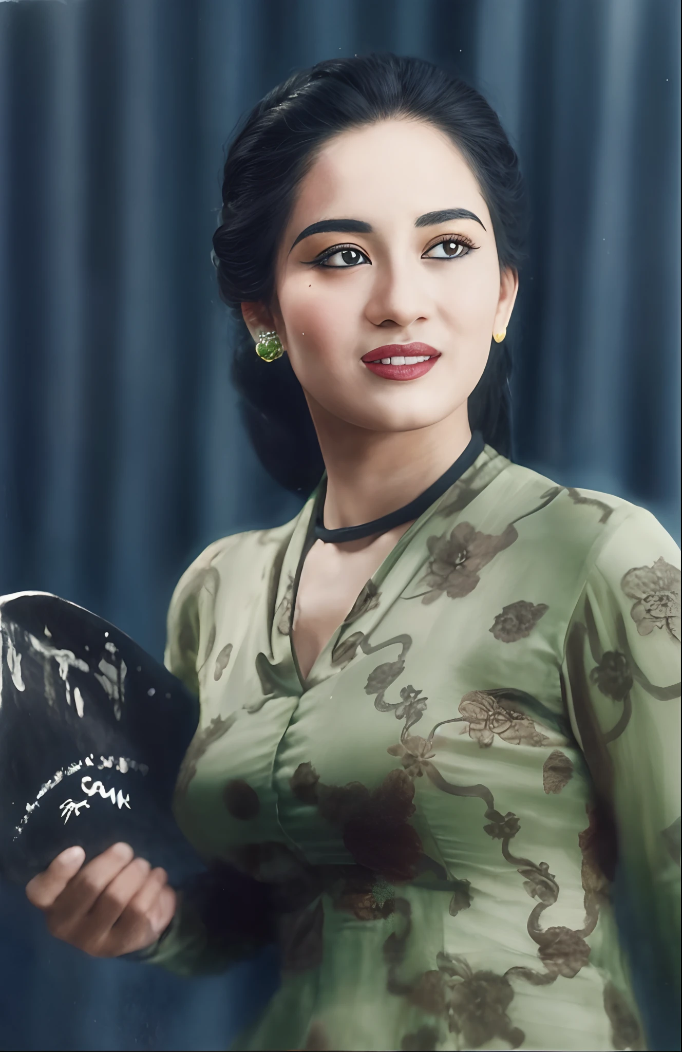 arafed woman in a green dress holding a black hat, inspired by T. K. Padmini, portrait of modern darna, inspired by Oka Yasutomo, inspired by Chen Yifei, traditional art, inspired by Yao Tingmei, inspired by Raja Ravi Varma, inspired by Sim Sa-jeong, fanart, inspired by Ju Lian, 8k portrait, detailed intricate fabric texture, (charcoal black theme:1.3), spiral patterns, body freckles, bright, high quality image, masterpiece, detailed hair texture, detailed skin texture, detailed cloth texture, 8k, add fabric details, ultra detailed skin texture, ultra detailed photo, skin pores, cloth details, high skin details, realistic hair details, (8K, RAW photo, best quality, masterpiece:1.2), (realistic, photo-realistic:1.4), ultra-detailed (grainy:0.2)
