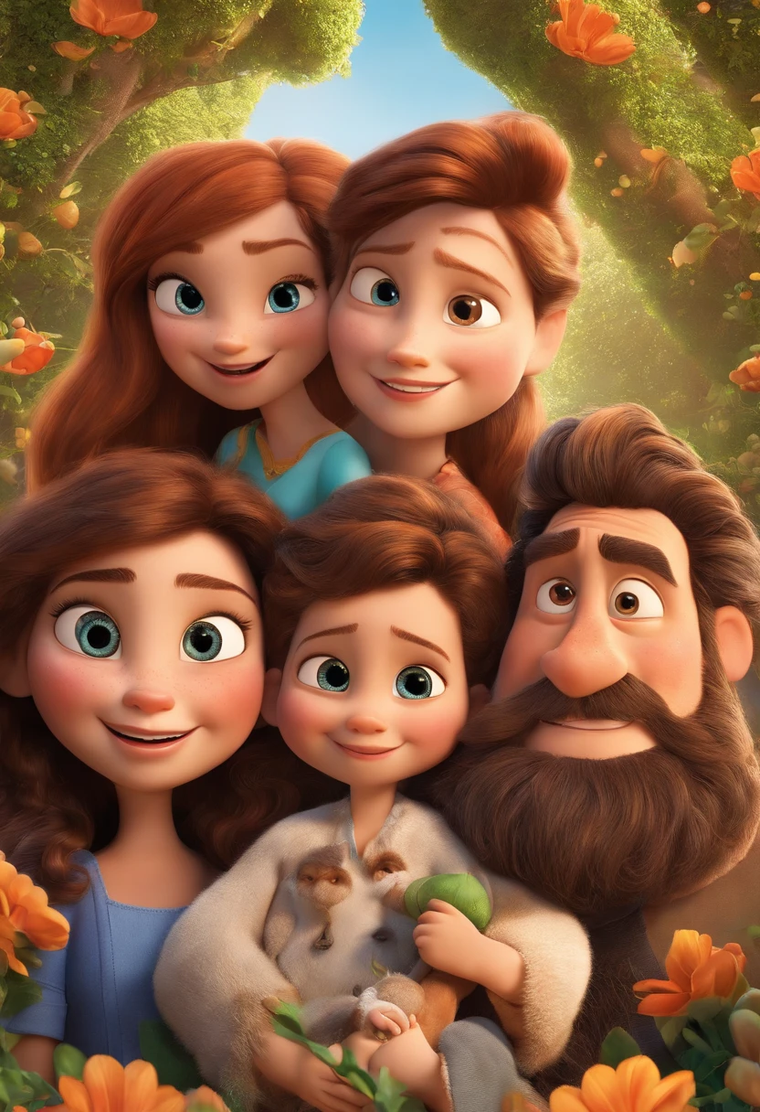 a Disney Pixar movie poster showing a white-skinned family. The mother is the tallest. Loira. Magra. A tem 2 anos e cabelos castanhos, olhos puxados. The father shorter than the mother. Japanese and with a beard. O filho tem 4 anos, cabelo curto e castanho. Slanted eyes The background is a beach garden. 3D-rendering