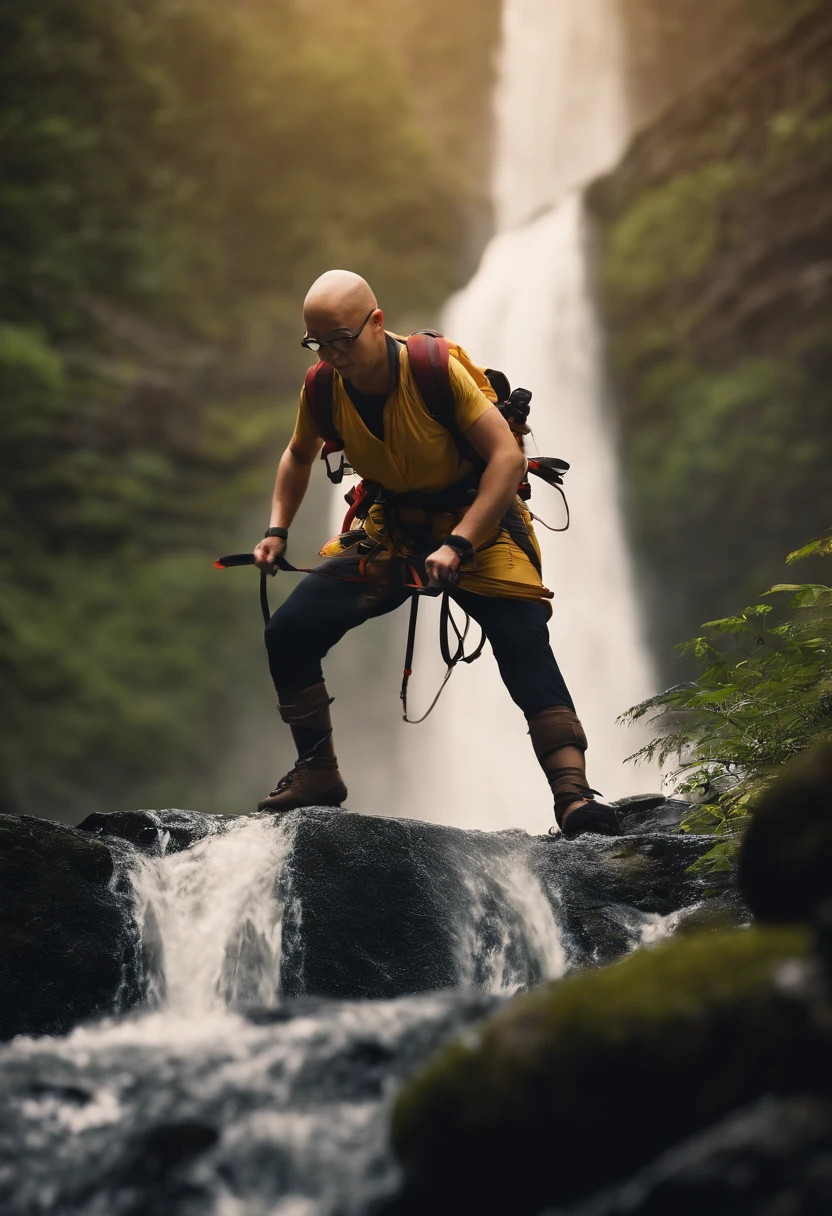 Image of a Japanese bald man, Pixar format glasses, He is rappelling down the waterfall by jaguariaiva, with girlfriend with shaved hair He's an extrovert, com roupas de trekking