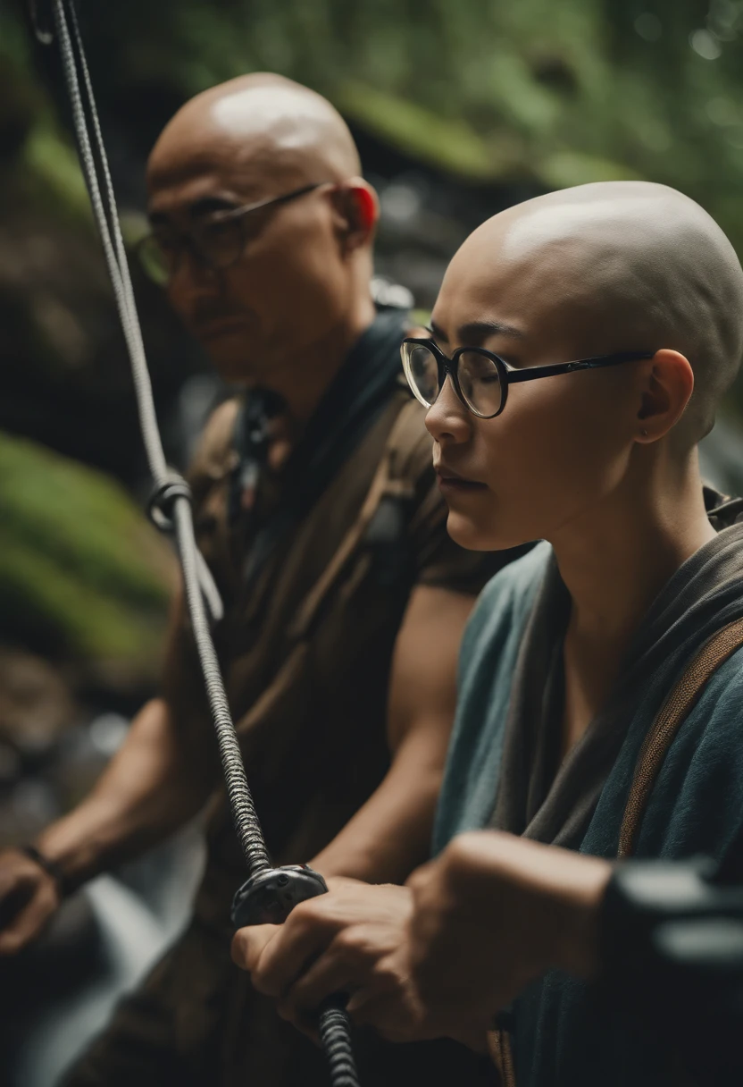 Image of a Japanese bald man, Pixar format glasses, He is rappelling down the waterfall by jaguariaiva, with girlfriend with shaved hair He's an extrovert, com roupas de trekking