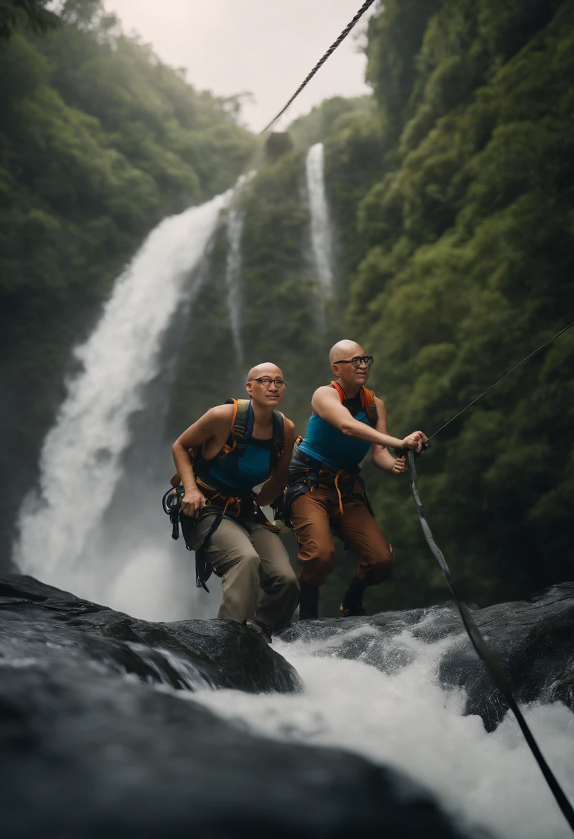 Image of a Japanese bald man, Pixar format glasses, He is rappelling down the waterfall by jaguariaiva, with girlfriend with shaved hair He's an extrovert, com roupas de trekking