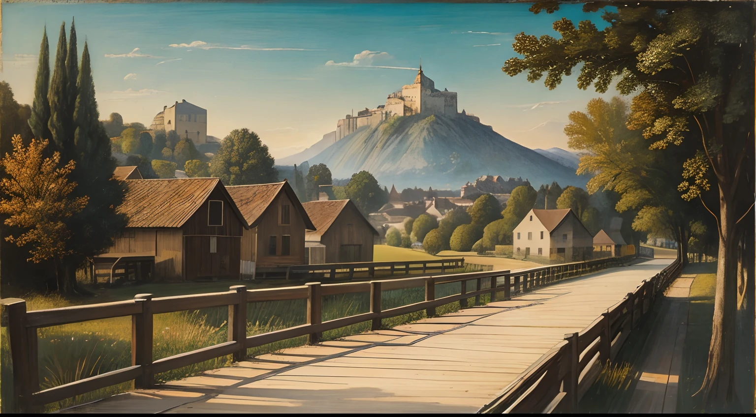 pintura al oleo con el estilo de leonardo da vinci, View of a rural town's boardwalk from the early 1900s