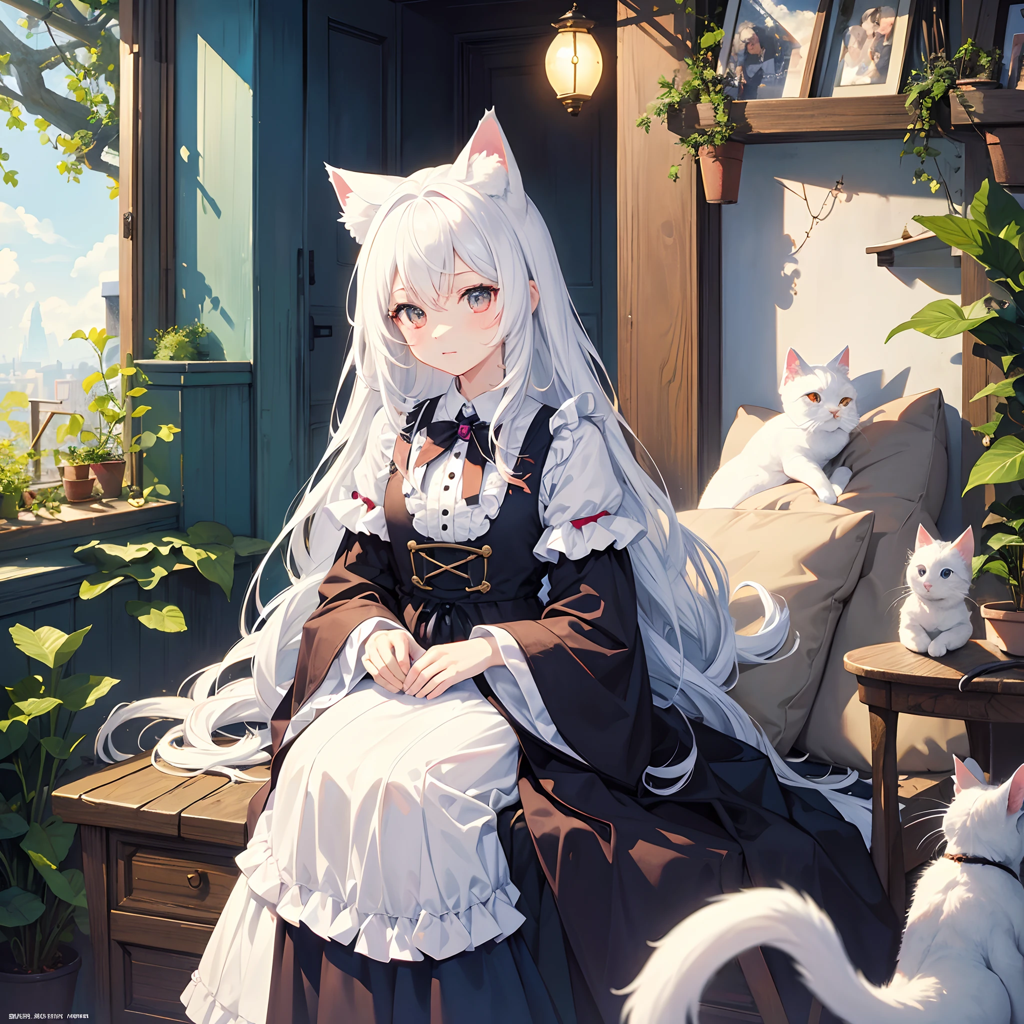 ​masterpiece、Top image quality、highcontrast、colourfull、wall-paper、one girls、white  hair、Akame、cat ear、white cat、Cute clothes、kawaii girl、Cat Pose