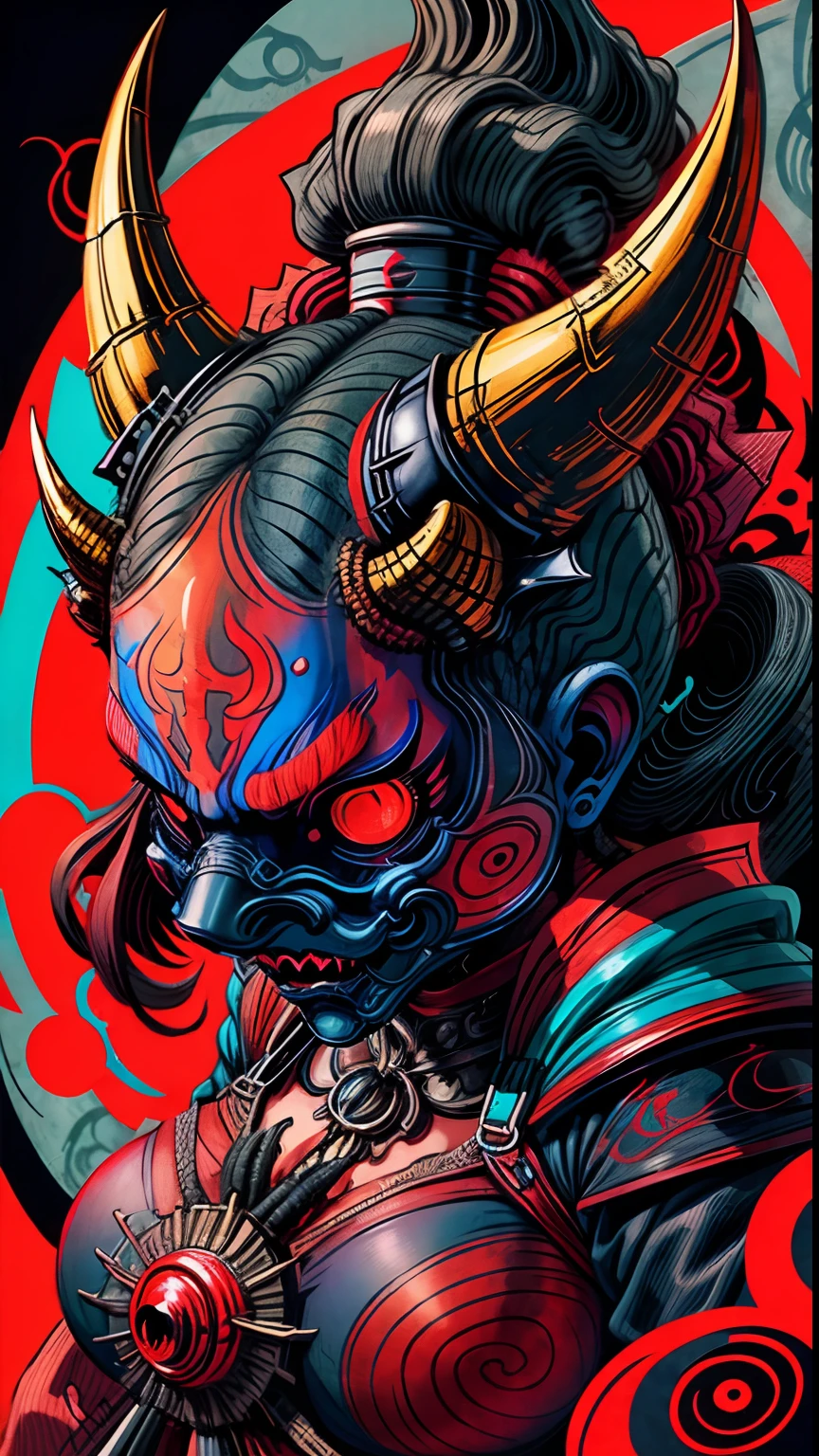 Female demon Mask Style、illustrator、masterpiece、hightquality、8k、hight resolution、high-detail、japanse, blue female demon