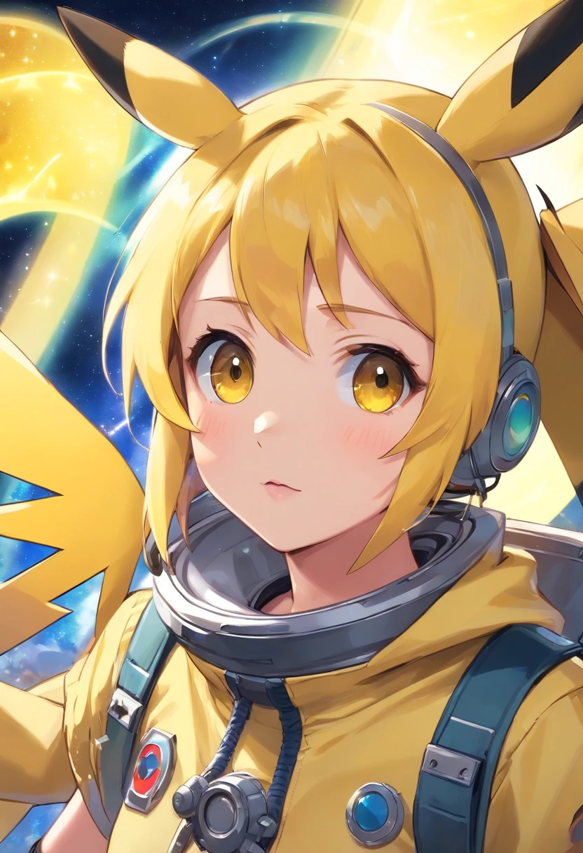 Pikachu Cute playful astronaut costume，Power and agility，Yellow and silky hair，Red Blush，Size, Blinking eyes.，Cute pointed ears。(Pikachu:1.5),Sexy
