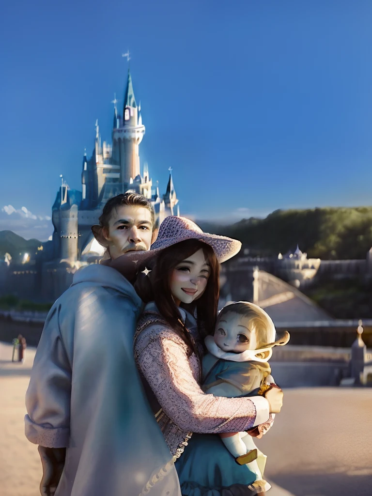 There's a man and a woman holding a child in front of a castle, mundo Disney, magical realm, Castelo no fundo, Castelo no fundo, Disney 8 k foto, com um castelo ao fundo, Walt Disney Mundo, background is disneyland castle, ( Castelo no fundo ), disneyland as backdrop, Disney!!, marido esposa e filho, vacation photo, Terra da Disney