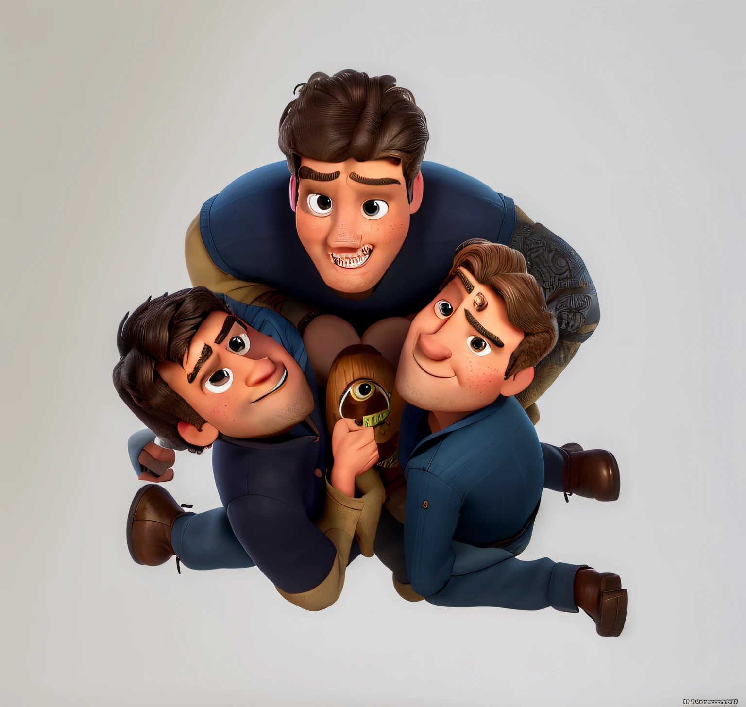 3 homens brancos um esta com a cara de surpresa, o outro apreensivo e o outro homem com a cara de que a algum problema, estilo disney pixar, alta qualidade, melhor qualidade