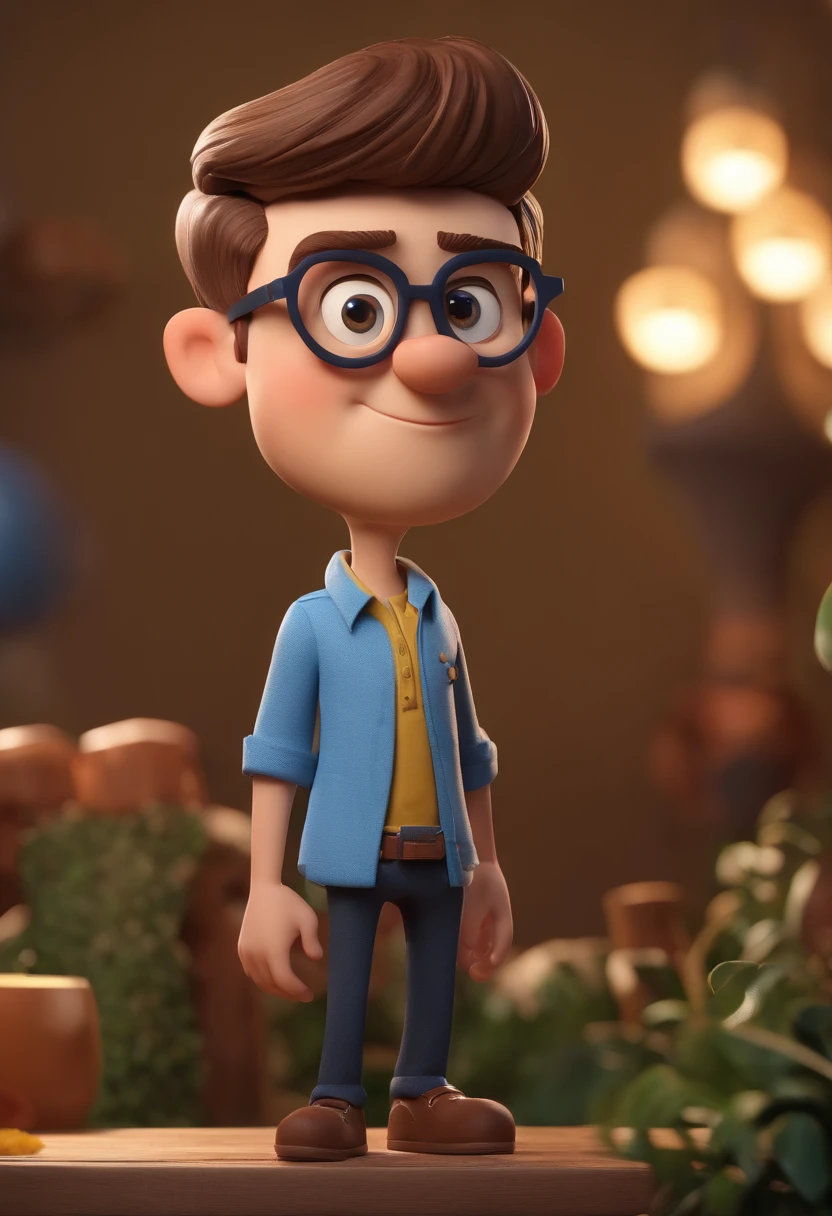 Cartoon character of a man wearing black glasses and a blue shirt, careca sem pelo no rosto um personagem animado, Caractere estilizado, animation style rendering, 3D estilizado, Arnold Maya render, 3 d render stylized, toon render keyshot, Personagem 3D, Personagem 3D, 3d rendering stylized, 3 d character render, personagem de desenho animado, Personagem de close up, Pose de personagem, (Estilo Pixar) (master part:1.2) (Bokeh) (best quality) (pele detalhada) (textura detalhada) (8k) (argila) (Cinematic lighting) (foco nítido，Senta e vaza a parte superior do corpo