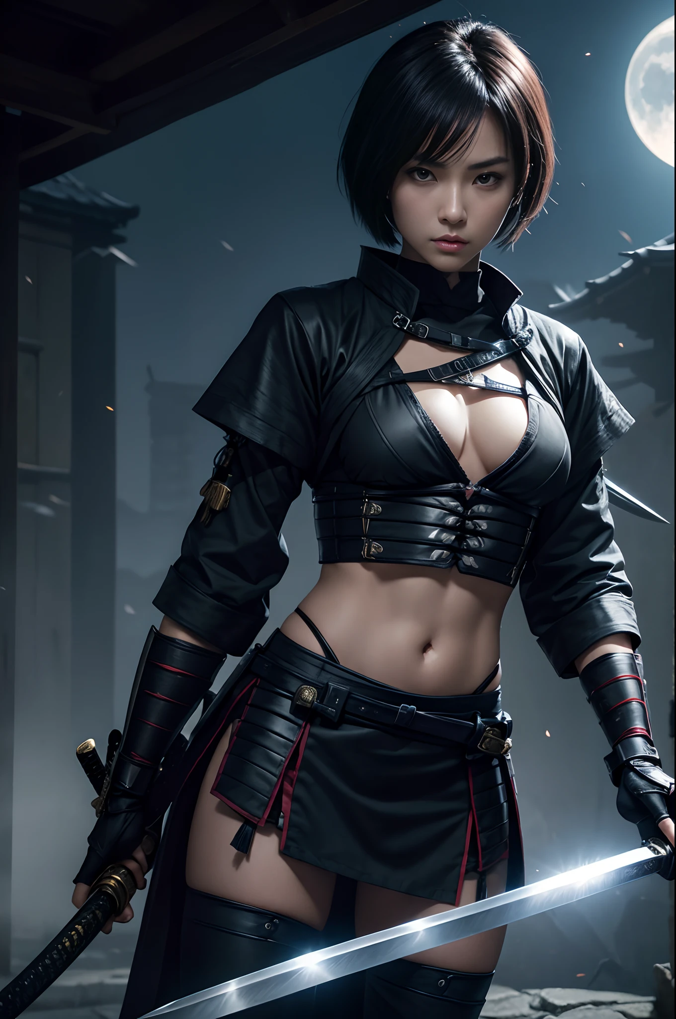 8K,Close-up portrait of a person holding a sword in front of the full moon、A very beautiful cyberpunk female ninja、Short Bob Hair、holding a katana、holding a katana、Inspired by Yoshigai Kano、woman samurai、Knives、large sword、demon samurai、from arknights、Ghost Beast Waiter、She with a sword、kunoichi、Dramatic Katana Wielding Pose、(tiny chest:1.4)