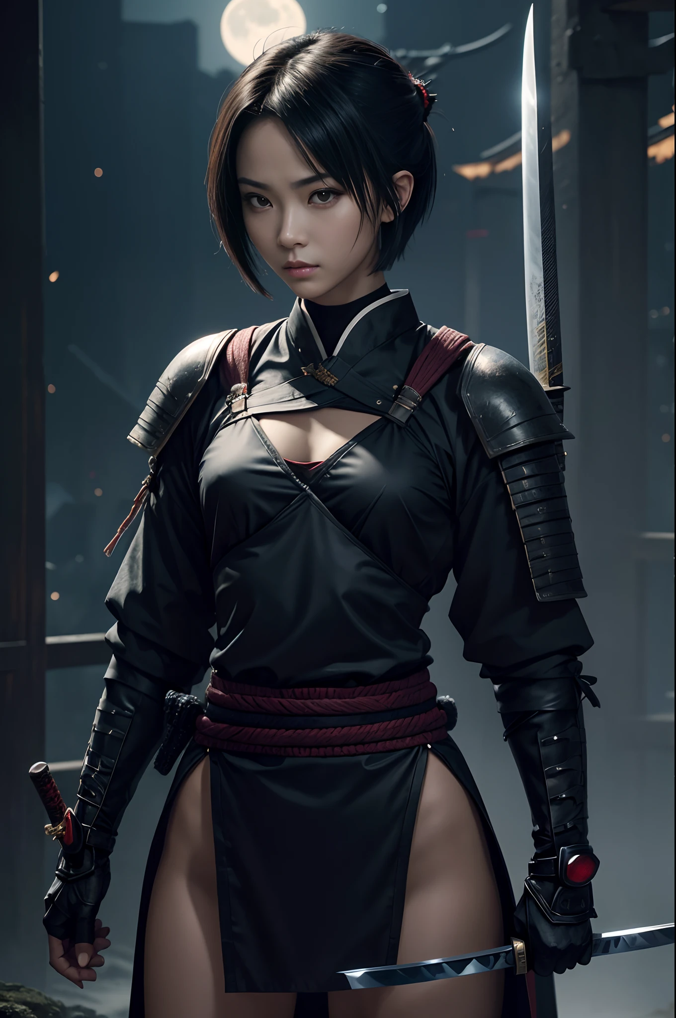 8K,Close-up portrait of a person holding a sword in front of the full moon、A very beautiful cyberpunk female ninja、Short Bob Hair、holding a katana、holding a katana、Inspired by Yoshigai Kano、woman samurai、Knives、large sword、demon samurai、from arknights、Ghost Beast Waiter、She with a sword、kunoichi、Dramatic Katana Wielding Pose、(tiny chest:1.4)