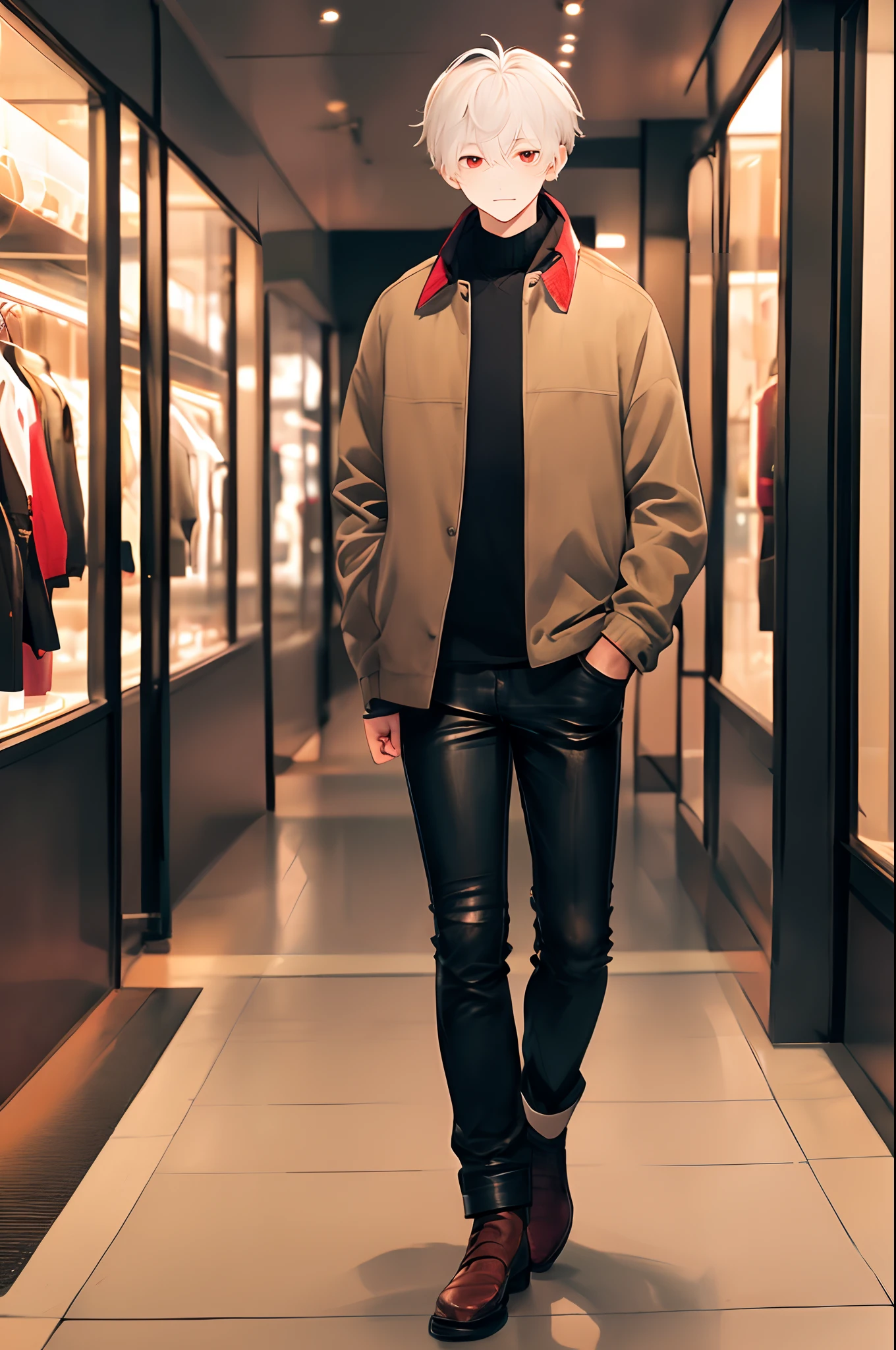 (4K works))、masterpiece、(top-quality)、((In front of the department store))、Korean Male、Adult male、((Adult 50 years old))、((Adult uncle type))、((Leather Jeans Style))、((Face similar to Hyunjin))、Cool Men、tall、((Gentle face))、((Cool werewolf fashion in black))、((Long sleeve long trouser style))、((Smaller face))、Slim body、((Uncle))、((white hair))、((white short-haired))、((Red Eyes))、((shot from front))、((Shot alone))、((Solo Photography))、Professional Photos、((Reach out to your audience))、((He walks in front of the viewer))、((dad bod))、