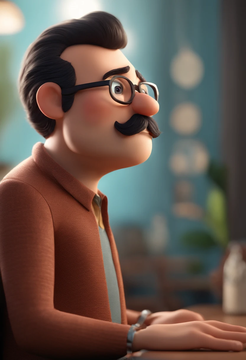 Cartoon character of a man with black glasses, usando bigode e uma camisa azul, animation character, Caractere estilizado, animation style rendering, 3D estilizado, Arnold Maya render, 3 d render stylized, toon render keyshot, Personagem 3D, Personagem 3D, 3d rendering stylized, 3 d character render, personagem de desenho animado, Personagem de close up, Pose de personagem,  (Estilo Pixar) (master part:1.2) (Bokeh) (best quality) (pele detalhada) (textura detalhada) (8k) (argila) (Cinematic lighting) (foco nítido