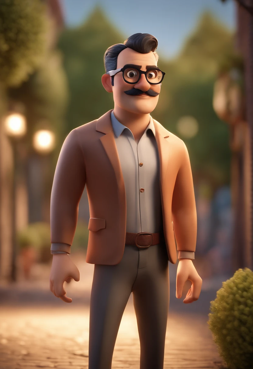 Cartoon character of a man with black glasses, usando bigode e uma camisa azul, animation character, Caractere estilizado, animation style rendering, 3D estilizado, Arnold Maya render, 3 d render stylized, toon render keyshot, Personagem 3D, Personagem 3D, 3d rendering stylized, 3 d character render, personagem de desenho animado, Personagem de close up, Pose de personagem,  (Estilo Pixar) (master part:1.2) (Bokeh) (best quality) (pele detalhada) (textura detalhada) (8k) (argila) (Cinematic lighting) (foco nítido