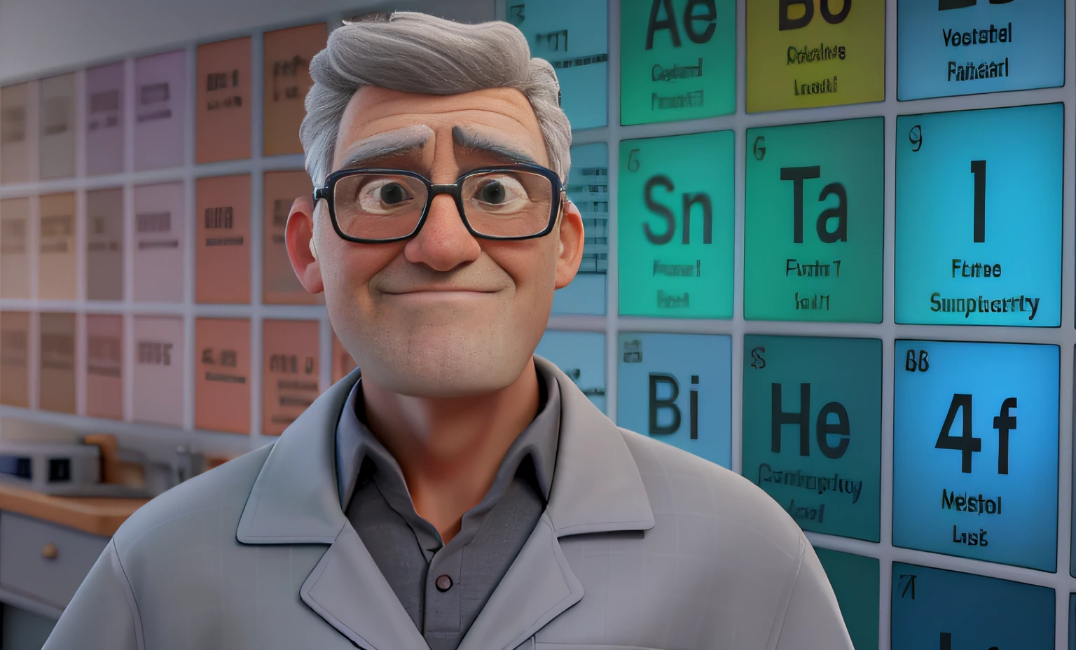 A wise gray-haired man standing in front of a laboratory, illuminated by the light of a lamp, Against the backdrop of a periodic table.