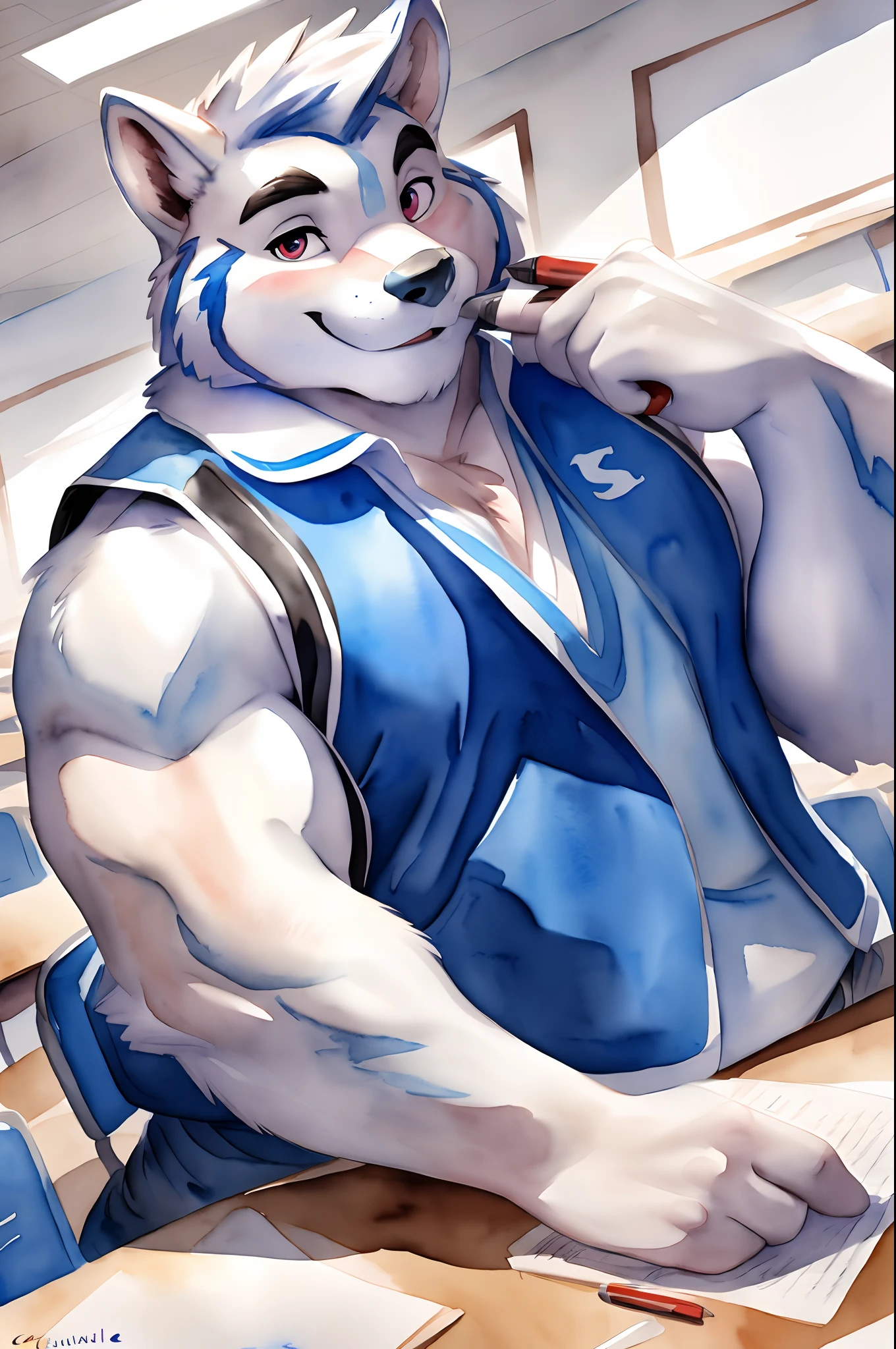 Hominidae, Pose for Camera. 4K, high resolution, Best quality, posted on e621, (Solo:1.2), Anthropomorphic white wolf, male people, 16 yaers old, Thick eyebrows, Light blue fur, Strong body, large pecs, ((Blue sports vest)), Expose the chest, In class, holding a pen, Sit behind a desk, (sport, Muscular, Heavyweight:1.2), ((Alone in the classroom)), Correct anatomy, (White background, Watercolor background:1.1), (by Chunie, author：Taran Fidler:0.8), (Detailed eyes:1.2), Sexy, (cel-shaded:1.2), cartoon shading, (aquarelle:1.2), Smile, Be red in the face, (view the viewer:1.2), Shy eyes, Front view