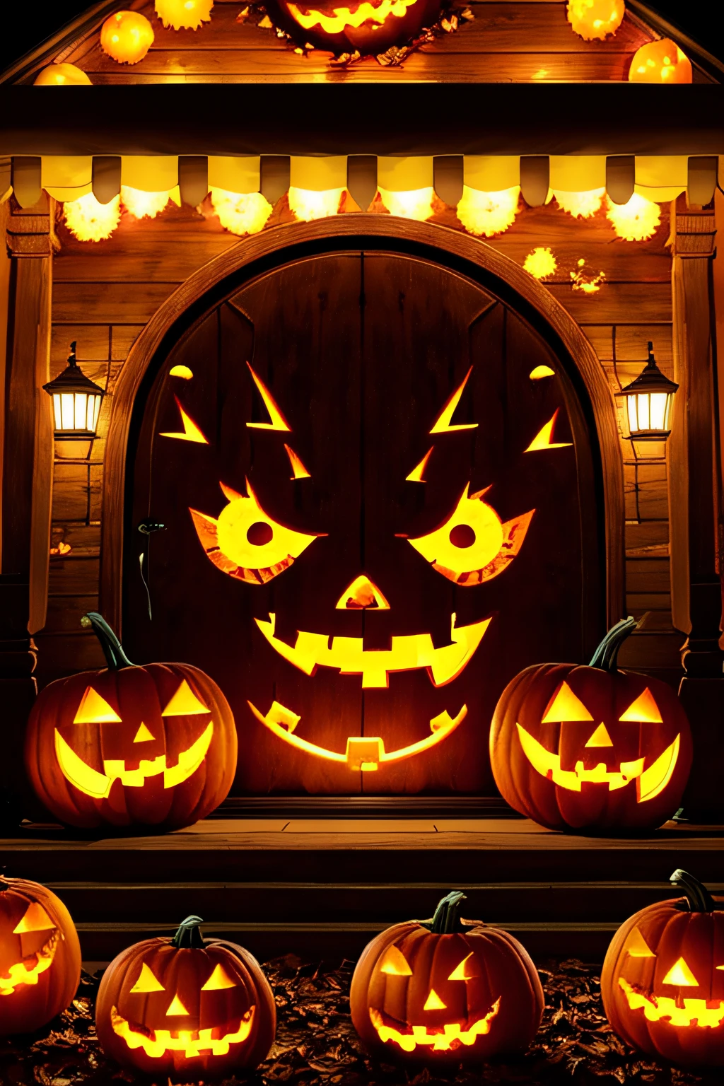 A zombie attack with pumpkin heads and flaming eyes on a house decorated for Halloween. It's very detailed and textured. La lune a une sourire sanglant
